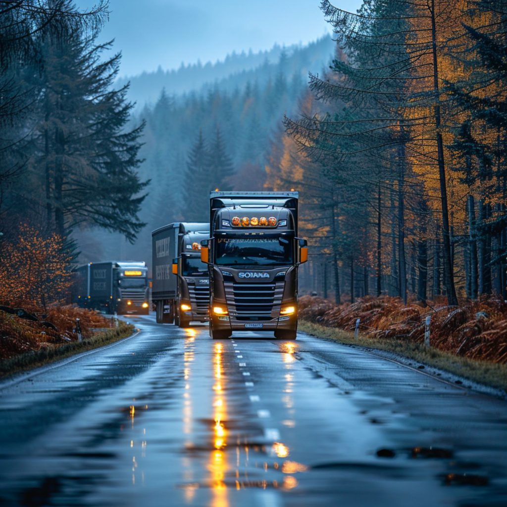 Lastbilar i skogslandskap